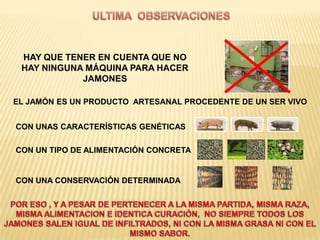 HAY QUE TENER EN CUENTA QUE NO
 HAY NINGUNA MÁQUINA PARA HACER
            JAMONES

EL JAMÓN ES UN PRODUCTO ARTESANAL PROCEDENTE DE UN SER VIVO


CON UNAS CARACTERÍSTICAS GENÉTICAS

CON UN TIPO DE ALIMENTACIÓN CONCRETA


CON UNA CONSERVACIÓN DETERMINADA
 