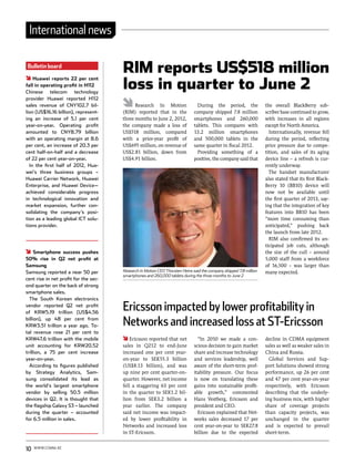 International news

Bulletin board
                                       RIM reports US$518 million
                                       loss in quarter to June 2
    Huawei reports 22 per cent
fall in operating profit in H112
Chinese telecom technology
provider Huawei reported H112
sales revenue of CNY102.7 bil-               Research In Motion                 During the period, the              the overall BlackBerry sub-
lion (US$16.16 billion), represent-    (RIM) reported that in the             company shipped 7.8 million           scriber base continued to grow,
ing an increase of 5.1 per cent        three months to June 2, 2012,          smartphones and 260,000               with increases in all regions
year-on-year. Operating profit         the company made a loss of             tablets. This compares with           except for North America.
amounted to CNY8.79 billion            US$518 million, compared               13.2 million smartphones                Internationally, revenue fell
with an operating margin at 8.6        with a prior-year profit of            and 500,000 tablets in the            during the period, reflecting
per cent, an increase of 20.3 per      US$695 million, on revenue of          same quarter in fiscal 2012.          price pressure due to compe-
cent half-on-half and a decrease       US$2.81 billion, down from               Providing something of a            tition, and sales of its aging
of 22 per cent year-on-year.           US$4.91 billion.                       positive, the company said that       device line – a refresh is cur-
  In the first half of 2012, Hua-                                                                                   rently underway.
wei’s three business groups –                                                                                         The handset manufacturer
Huawei Carrier Network, Huawei                                                                                      also stated that its first Black-
Enterprise, and Huawei Device—                                                                                      Berry 10 (BB10) device will
achieved considerable progress                                                                                      now not be available until
in technological innovation and                                                                                     the first quarter of 2013, say-
market expansion, further con-                                                                                      ing that the integration of key
solidating the company’s posi-                                                                                      features into BB10 has been
tion as a leading global ICT solu-                                                                                  “more time consuming than
tions provider.                                                                                                     anticipated,” pushing back
                                                                                                                    the launch from late 2012.
                                                                                                                      RIM also confirmed its an-
                                                                                                                    ticipated job cuts, although
     Smartphone success pushes                                                                                      the size of the cull – around
50% rise in Q2 net profit at                                                                                        5,000 staff from a workforce
Samsung                                                                                                             of 16,500 – was larger than
Samsung reported a near 50 per         Research In Motion CEO Thorsten Heins said the company shipped 7.8 million   many expected.
                                       smartphones and 260,000 tablets during the three months to June 2
cent rise in net profit for the sec-
ond quarter on the back of strong
smartphone sales.
  The South Korean electronics
vendor reported Q2 net profit
of KRW5.19 trillion (US$4.56
                                       Ericsson impacted by lower profitability in
billion), up 48 per cent from
KRW3.51 trillion a year ago. To-       Networks and increased loss at ST-Ericsson
tal revenue rose 21 per cent to
KRW47.6 trillion with the mobile           Ericsson reported that net           “In 2010 we made a con-             decline in CDMA equipment
unit accounting for KRW20.52           sales in Q212 to end-June              scious decision to gain market        sales as well as weaker sales in
trillion, a 75 per cent increase       increased one per cent year-           share and increase technology         China and Russia.
year-on-year.                          on-year to SEK55.3 billion             and services leadership, well           Global Services and Sup-
  According to figures published       (US$8.13 billion), and was             aware of the short-term prof-         port Solutions showed strong
by Strategy Analytics, Sam-            up nine per cent quarter-on-           itability pressure. Our focus         performance, up 26 per cent
sung consolidated its lead as          quarter. However, net income           is now on translating these           and 47 per cent year-on-year
the world’s largest smartphone         fell a staggering 63 per cent          gains into sustainable profit-        respectively, with Ericsson
vendor by selling 50.5 million         in the quarter to SEK1.2 bil-          able growth,” commented               describing that the underly-
devices in Q2. It is thought that      lion from SEK3.2 billion a             Hans Vestberg, Ericsson and           ing business mix, with higher
the flagship Galaxy S3 – launched      year earlier. The company              president and CEO.                    share of coverage projects
during the quarter – accounted         said net income was impact-              Ericsson explained that Net-        than capacity projects, was
for 6.5 million in sales.              ed by lower profitability in           works sales decreased 17 per          unchanged in the quarter
                                       Networks and increased loss            cent year-on-year to SEK27.8          and is expected to prevail
                                       in ST-Ericsson.                        billion due to the expected           short-term.


10   www.comm.ae
 