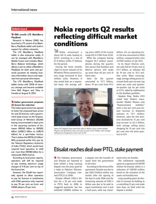 International news




Bulletin board
                                        Nokia reports Q2 results
                                        reflecting difficult market
    RIM unveils LTE BlackBerry
PlayBook
  Research In Motion (RIM) has
launched a LTE variant of its Black-
Berry PlayBook tablet with built-in     conditions
support for cellular networks.
  The LTE BlackBerry PlayBook                 Nokia announced a                    ing price (ASP) of the Lumia          billion. On an operating lev-
tablet is also enterprise ready. It     sharp fall in sales leading in             range fell to €186 from €220.         el, the loss amounted to €826
can be managed with BlackBerry          Q112, resulting in a loss of                 With the company having             million, compared with a loss
Mobile Fusion and includes Black-       €1.4 billion (US$1.73 billion)             shipped 10.2 million smart-           of €487 million in Q2 2011.
Berry Balance technology, which         for the period.                            phones during the quarter,              In its Smart Devices unit,
allows a user to utilise a BlackBerry     During the three months                  this means that Symbian and           net sales fell by 34 per cent to
PlayBook for both work and per-         (April to June) volumes of its             MeeGo devices still make              €1.5 billion, as volumes fell
sonal purposes by keeping busi-         Windows Phone-powered Lu-                  up more than 60 per cent of           by 39 per cent to 10.2 mil-
ness information secure and sepa-       mia range increased to four                these sales.                          lion units. More encourag-
rate from personal information.         million units. However, it                   Sales for the quarter               ingly, average selling prices in-
  The LTE BlackBerry PlayBook           also noted that on a sequen-               amounted to €7.5 billion,             creased both year-on-year (up
tablet comes with 32GB of mem-          tial basis, the average sell-              down 19 per cent from €9.3            seven per cent) and quarter-
ory storage and became available                                                                                         on-quarter (up six per cent)
from Bell, Rogers and Telus in                                                                                           to €151, aided by stabilisation
Canada on August 9, 2012.                                                                                                in the Symbian portfolio.
                                                                                                                           Stephen Elop, Nokia CEO
                                                                                                                         noted that Nokia’s mass-
     Indian government proposes                                                                                          market Mobile Phones unit
2G licence fee reduction                                                                                                 “demonstrated         stability,”
The Indian government has agreed                                                                                         with a two per cent year-on-
to lower the proposed base prices                                                                                        year increase in shipment
for new 2G licences, with a govern-                                                                                      volumes to 73.5 million.
ment body known as the Empow-                                                                                            However, sales for this busi-
ered Group of Ministers (EGoM)                                                                                           ness declined by 11 per cent
having recommended a base price                                                                                          year-on-year to €2.3 billion,
in the upcoming auctions of be-                                                                                          with average selling prices
tween INR140 billion to INR160          Nokia CEO Stephen Elop noted that sales in Nokia’s mass-market Mobile            dropping by 14 per cent (six
billion (US$2.5 billion to US$2.9       Phones unit declined by 11 per cent year-on-year to €2.3 billion, with average   per cent over the prior quar-
                                        selling prices dropping by 14 per cent to €31
billion) for a pan-Indian licence.                                                                                       ter) to €31.
That is below the INR36.22 billion/
MHz proposed earlier this year by
the Telecom Regulatory Authority
of India (TRAI), which would have
required local operators to shell
out more than INR180 billion for a
                                        Etisalat reaches deal over PTCL stake payment
nationwide 5MHz licence.
  According to local press reports,         The Pakistan government                a dispute over the transfer of        ment every six months.
operators will still be required        and Etisalat are reported to               assets from the government              The settlement reportedly
to pay existing spectrum usage          have settled a long running                to the telco.                         agrees to a payment of US$700
charges of 3-8 per cent on top of       dispute over the price paid for              According to the terms of the       million by Etisalat, which is a
the licence fee.                        a stake in Pakistan Telecom-               agreement, Etisalat was due to        reduction of US$100 million
  However, the EGoM has report-         munication Company Lim-                    pay US$1.4 billion within one         based on the valuation of the
edly agreed to allow operators          ited (PTCL) in 2006.                       month after the signing of            assets not handed over.
to pay for licences in instalments        Etisalat offered US$2.6 bil-             the deal in early 2006 and the          Long standing plans by Etis-
with GSM operators only required        lion for a 26 per cent stake               remaining amount of US$1.2            alat to increase its holding to
to pay 35 per cent up front, and        in PTCL back in 2006 in                    billion was due to be paid in         a controlling 51 per cent stake
CDMA players 25 per cent.               staggered payments, but has                equal instalments over 4 and          have been on hold until the
                                        withheld US$800 million in                 a half years, with one instal-        dispute is settled.


14   www.comm.ae
 