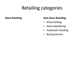 Retailing categories
Store Retailing         Non Store Retailing
                        • Direct Selling
                        • Direct Marketing
                        • Automatic Vending
                        • Buying Service
 