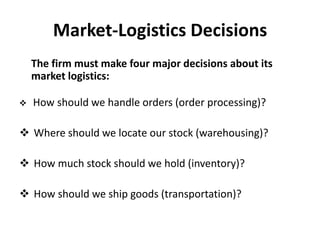 Market-Logistics Decisions
    The firm must make four major decisions about its
    market logistics:

   How should we handle orders (order processing)?

 Where should we locate our stock (warehousing)?

 How much stock should we hold (inventory)?

 How should we ship goods (transportation)?
 