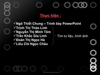 Thực hiện : Trịnh Thị Thảo Linh  Nguyễn Thị Minh Tâm  Trần Khắc Gia Linh Đoàn Thị Ngọc Hà Liêu Chí Ngọc Châu Tìm tư liệu ,hình ảnh Ngô Thiết Chung – Trình bày PowerPoint 