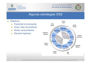 DIAPOSITIVA 80
Algunas estrategias OSS
© Javier Soriano
n  Objetivos:
n  Fomentar la innovación
n  Crear valor de producto
n  Atraer consumidores
n  Generar ingresos
 