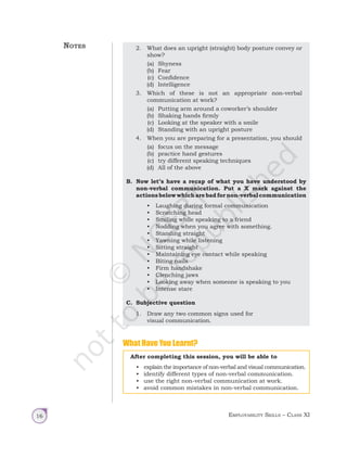 Employability Skills – Class XI
16
2. What does an upright (straight) body posture convey or
show?
(a) Shyness
(b) Fear
(c) Confidence
(d) Intelligence
3. Which of these is not an appropriate non-verbal
communication at work?
(a) Putting arm around a coworker’s shoulder
(b) Shaking hands firmly
(c) Looking at the speaker with a smile
(d) Standing with an upright posture
4. When you are preparing for a presentation, you should
(a) focus on the message
(b) practice hand gestures
(c) try different speaking techniques
(d) All of the above
B. Now let’s have a recap of what you have understood by
non-verbal communication. Put a X mark against the
actions below which are bad for non-verbal communication
• Laughing during formal communication
• Scratching head
• Smiling while speaking to a friend
• Nodding when you agree with something.
• Standing straight
• Yawning while listening
• Sitting straight
• Maintaining eye contact while speaking
• Biting nails
• Firm handshake
• Clenching jaws
• Looking away when someone is speaking to you
• Intense stare
C. Subjective question
1. Draw any two common signs used for
visual communication.
After completing this session, you will be able to
• explain the importance of non-verbal and visual communication.
• identify different types of non-verbal communication.
• use the right non-verbal communication at work.
• avoid common mistakes in non-verbal communication.
What Have You Learnt?
Notes
Unit 1.indd 16 14-03-2019 10:37:50
 