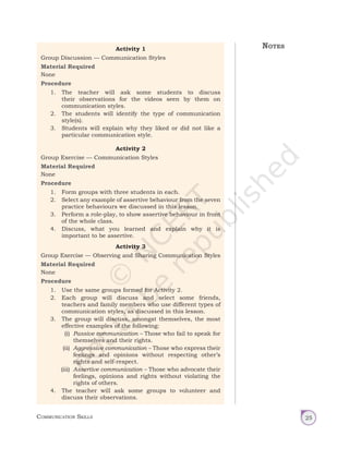 Communication Skills 25
Notes
Activity 1
Group Discussion — Communication Styles
Material Required
None
Procedure
1. The teacher will ask some students to discuss
their observations for the videos seen by them on
communication styles.
2. The students will identify the type of communication
style(s).
3. Students will explain why they liked or did not like a
particular communication style.
Activity 2
Group Exercise — Communication Styles
Material Required
None
Procedure
1. Form groups with three students in each.
2. Select any example of assertive behaviour from the seven
practice behaviours we discussed in this lesson.
3. Perform a role-play, to show assertive behaviour in front
of the whole class.
4. Discuss, what you learned and explain why it is
important to be assertive.
Activity 3
Group Exercise — Observing and Sharing Communication Styles
Material Required
None
Procedure
1. Use the same groups formed for Activity 2.
2. Each group will discuss and select some friends,
teachers and family members who use different types of
communication styles, as discussed in this lesson.
3. The group will discuss, amongst themselves, the most
effective examples of the following:
(i) Passive communication – Those who fail to speak for
themselves and their rights.
(ii) Aggressive communication – Those who express their
feelings and opinions without respecting other’s
rights and self-respect.
(iii) Assertive communication – Those who advocate their
feelings, opinions and rights without violating the
rights of others.
4. The teacher will ask some groups to volunteer and
discuss their observations.
Unit 1.indd 25 14-03-2019 10:37:50
 