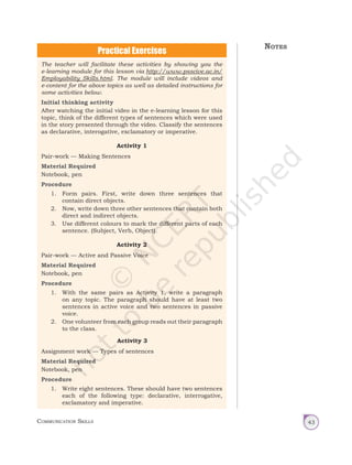 Communication Skills 43
The teacher will facilitate these activities by showing you the
e-learning module for this lesson via http://www.psscive.ac.in/
Employability_Skills.html. The module will include videos and
e-content for the above topics as well as detailed instructions for
some activities below.
Initial thinking activity
After watching the initial video in the e-learning lesson for this
topic, think of the different types of sentences which were used
in the story presented through the video. Classify the sentences
as declarative, interogative, exclamatory or imperative.
Activity 1
Pair-work — Making Sentences
Material Required
Notebook, pen
Procedure
1. Form pairs. First, write down three sentences that
contain direct objects.
2. Now, write down three other sentences that contain both
direct and indirect objects.
3. Use different colours to mark the different parts of each
sentence. (Subject, Verb, Object).
Activity 2
Pair-work — Active and Passive Voice
Material Required
Notebook, pen
Procedure
1. With the same pairs as Activity 1, write a paragraph
on any topic. The paragraph should have at least two
sentences in active voice and two sentences in passive
voice.
2. One volunteer from each group reads out their paragraph
to the class.
Activity 3
Assignment work — Types of sentences
Material Required
Notebook, pen
Procedure
1. Write eight sentences. These should have two sentences
each of the following type: declarative, interrogative,
exclamatory and imperative.
Notes
Unit 1.indd 43 14-03-2019 10:37:52
 
