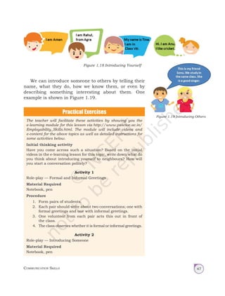 Communication Skills 47
The teacher will facilitate these activities by showing you the
e-learning module for this lesson via http://www.psscive.ac.in/
Employability_Skills.html. The module will include videos and
e-content for the above topics as well as detailed instructions for
some activities below.
Initial thinking activity
Have you come across such a situation? Based on the initial
videos in the e-learning lesson for this topic, write down what do
you think about introducing yourself to neighbours? How will
you start a conversation politely?
Activity 1
Role-play — Formal and Informal Greetings
Material Required
Notebook, pen
Procedure
1. Form pairs of students.
2. Each pair should write about two conversations; one with
formal greetings and one with informal greetings.
3. One volunteer from each pair acts this out in front of
the class.
4. The class observes whether it is formal or informal greetings.
Activity 2
Role-play — Introducing Someone
Material Required
Notebook, pen
Figure 1.18 Introducing Yourself
We can introduce someone to others by telling their
name, what they do, how we know them, or even by
describing something interesting about them. One
example is shown in Figure 1.19.
Figure 1.19 Introducing Others
Unit 1.indd 47 14-03-2019 10:37:53
 