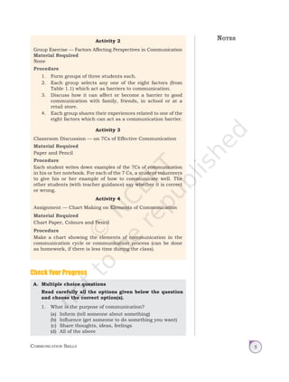Communication Skills 5
Activity 2
Group Exercise — Factors Affecting Perspectives in Communication
Material Required
None
Procedure
1. Form groups of three students each.
2. Each group selects any one of the eight factors (from
Table 1.1) which act as barriers to communication.
3. Discuss how it can affect or become a barrier to good
communication with family, friends, in school or at a
retail store.
4. Each group shares their experiences related to one of the
eight factors which can act as a communication barrier.
Activity 3
Classroom Discussion — on 7Cs of Effective Communication
Material Required
Paper and Pencil
Procedure
Each student writes down examples of the 7Cs of communication
in his or her notebook. For each of the 7 Cs, a student volunteers
to give his or her example of how to communicate well. The
other students (with teacher guidance) say whether it is correct
or wrong.
Activity 4
Assignment — Chart Making on Elements of Communication
Material Required
Chart Paper, Colours and Pencil
Procedure
Make a chart showing the elements of communication in the
communication cycle or communication process (can be done
as homework, if there is less time during the class).
Check Your Progress
A. Multiple choice questions
Read carefully all the options given below the question
and choose the correct option(s).
1. What is the purpose of communication?
(a) Inform (tell someone about something)
(b) Influence (get someone to do something you want)
(c) Share thoughts, ideas, feelings
(d) All of the above
Notes
Unit 1.indd 5 14-03-2019 10:37:47
 