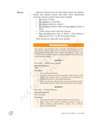 Employability Skills – Class XI
60
Read out these lines as Tina talks about her family.
Notice the relation words that have been underlined
and the relations which have been shaded.
• My name is Tina.
• My mother is a teacher.
• My father works in a hotel.
• My brother’s name is Raj and my sister’s name is
Anju.
• I have three aunts and two uncles.
• Our grandparents stay in Simla. I love going to
their house but it is far from our school.
How would you describe your family?
The teacher will facilitate these activities by showing you the
e-learning module for this lesson via http://www.psscive.ac.in/
Employability_Skills.html. The module will include videos and
e-content for the above topics as well as detailed instructions for
some activities below.
Activity 1
Pair-work — Talking about Family
Material Required
None
Procedure
1. Form pairs of students.
2. Ask your partner any five questions about his or her
family. The partner has to answer your questions by
talking about his or her family members.
3. Then the partner will ask you any five questions about
your family and you will need to talk about your family.
Activity 2
Role-play — Family Relations
Material Required
Pen and paper
Procedure
1. Form groups of five to eight students in each group.
2. Make chits with names of family members, such as
father, mother, uncle, brother, cousin, etc., on them.
Leave one chit blank.
Notes
Unit 1.indd 60 14-03-2019 10:37:53
 
