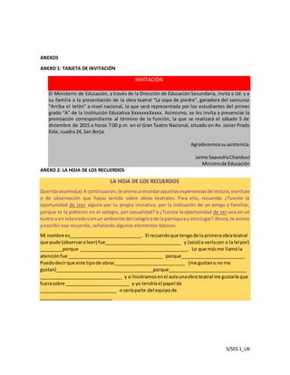 5/SES 1_U6
ANEXOS
ANEXO 1: TARJETA DE INVITACIÓN
INVITACIÓN
El Ministerio de Educación, a través de la Dirección de Educación Secundaria, invita a Ud. y a
su familia a la presentación de la obra teatral “La sopa de piedra”, ganadora del concurso
“Arriba el telón” a nivel nacional, la que será representada por los estudiantes del primer
grado “A” de la Institución Educativa XxxxxxxXxxxx. Asimismo, se les invita a presenciar la
premiación correspondiente al término de la función, la que se realizará el sábado 5 de
diciembre de 2015 a horas 7:00 p.m. en el Gran Teatro Nacional, situado en Av. Javier Prado
Este, cuadra 24, San Borja.
Agradecemossuasistencia.
Jaime SaavedraChanduví
Ministrode Educación
ANEXO 2: LA HOJA DE LOS RECUERDOS
LA HOJA DE LOS RECUERDOS
Queridoalumno(a):A continuación, te animoarecordaraquellasexperienciasde lectura,escritura
o de observación que hayas tenido sobre obras teatrales. Para ello, recuerda: ¿Tuviste la
oportunidad de leer alguna por tu propia iniciativa, por la indicación de un amigo o familiar,
porque te la pidieron en el colegio, por casualidad? o ¿Tuviste la oportunidad de ver una en un
teatroo en televisiónoenun ambiente del colegioode laparroquiau otrolugar? Ahora,te animo
a escribir ese recuerdo, señalando algunos elementos básicos:
Mi nombre es____________________________. El recuerdoque tengode la primeraobrateatral
que pude (observaroleer) fue______________________________ y (asistía verlacon o la leípor)
_________porque __________________________________________. Lo que másme llamóla
atenciónfue _____________________________________ porque_________________________.
Puedodecirque este tipode obras____________________________ (me gustano no me
gustan)______________________________________porque______________________________
________________________________ y si hiciéramosenel aulaunaobra teatral me gustaría que
fuerasobre _________________________ y yo tendríael papel de
______________________________ o seríaparte del equipode
____________________________.
 