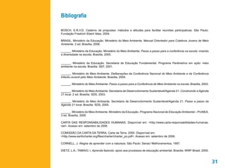 Bibliografia

BOSCH, E.R.V.D. Caderno de propostas: métodos e atitudes para facilitar reuniões participativas. São Paulo:
Fundação Friedrich Ebert/ Ildes, 2004.

BRASIL. Ministério da Educação. Ministério do Meio Ambiente. Manual Orientador para Coletivos Jovens de Meio
Ambiente. 2 ed. Brasília, 2006.

______. Ministério da Educação. Ministério do Meio Ambiente. Passo a passo para a conferência na escola: vivendo
a diversidade na escola. Brasília, 2005.

______. Ministério da Educação. Secretaria de Educação Fundamental. Programa Parâmetros em ação: meio
ambiente na escola. Brasília: SEF, 2001.

______. Ministério do Meio Ambiente. Deliberações da Conferência Nacional do Meio Ambiente e da Conferência
Infanto-Juvenil pelo Meio Ambiente. Brasília, 2004.

______. Ministério do Meio Ambiente. Passo a passo para a Conferência de Meio Ambiente na escola. Brasília, 2003.

______. Ministério do Meio Ambiente. Secretaria de Desenvolvimento Sustentável/Agenda 21. Construindo a Agenda
21 local. 2 ed. Brasília: SDS, 2003.

______. Ministério do Meio Ambiente. Secretaria de Desenvolvimento Sustentável/Agenda 21. Passo a passo da
Agenda 21 local. Brasília: SDS, 2005.

______. Ministério do Meio Ambiente. Ministério da Educação. Programa Nacional de Educação Ambiental – ProNEA.
3 ed. Brasília, 2005

CARTA DAS RESPONSABILIDADES HUMANAS. Disponível em: <http://www.carta-responsabilidades-humanas.
net>. Acesso em: setembro de 2006

COMISSÃO DA CARTA DA TERRA. Carta da Terra. 2000. Disponível em:
<http://www.earthcharter.org/files/charter/charter_po.pdf>. Acesso em: setembro de 2006.

CORNELL, J. Alegria de aprender com a natureza. São Paulo: Senac/ Melhoramentos, 1997.

DIETZ, L.A.; TAMAIO, I. Aprenda fazendo: apoio aos processos de educação ambiental. Brasília: WWF-Brasil, 2000.



                                                                                                                    31
 
