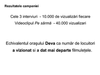 Rezultatele campaniei Cele 3 interviuri  - 10.000 de vizualiz?ri fiecare Videoclipul  Pe s?rm?   - 40.000 vizualizari Echivalentul ora?ului   Deva   ca num?r de locuitori  a   vizionat   si  a  dat mai departe   filmule?ele. 