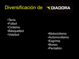 Diversificación de

 •Tenis
 •Fútbol
 •Ciclismo
 •Básquetbol
 •Voleibol           •Motociclismo
                     •Automovilismo
                     •Esgrima
                     •Boxeo
                     •Pentatlón
 