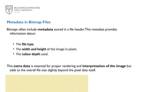 Bitmaps often include metadata stored in a file header.This metadata provides
information about:
• The file type.
• The width and height of the image in pixels.
• The colour depth used.
This extra data is essential for proper rendering and interpretation of the image but
adds to the overall file size slightly beyond the pixel data itself.
Metadata in Bitmap Files
 