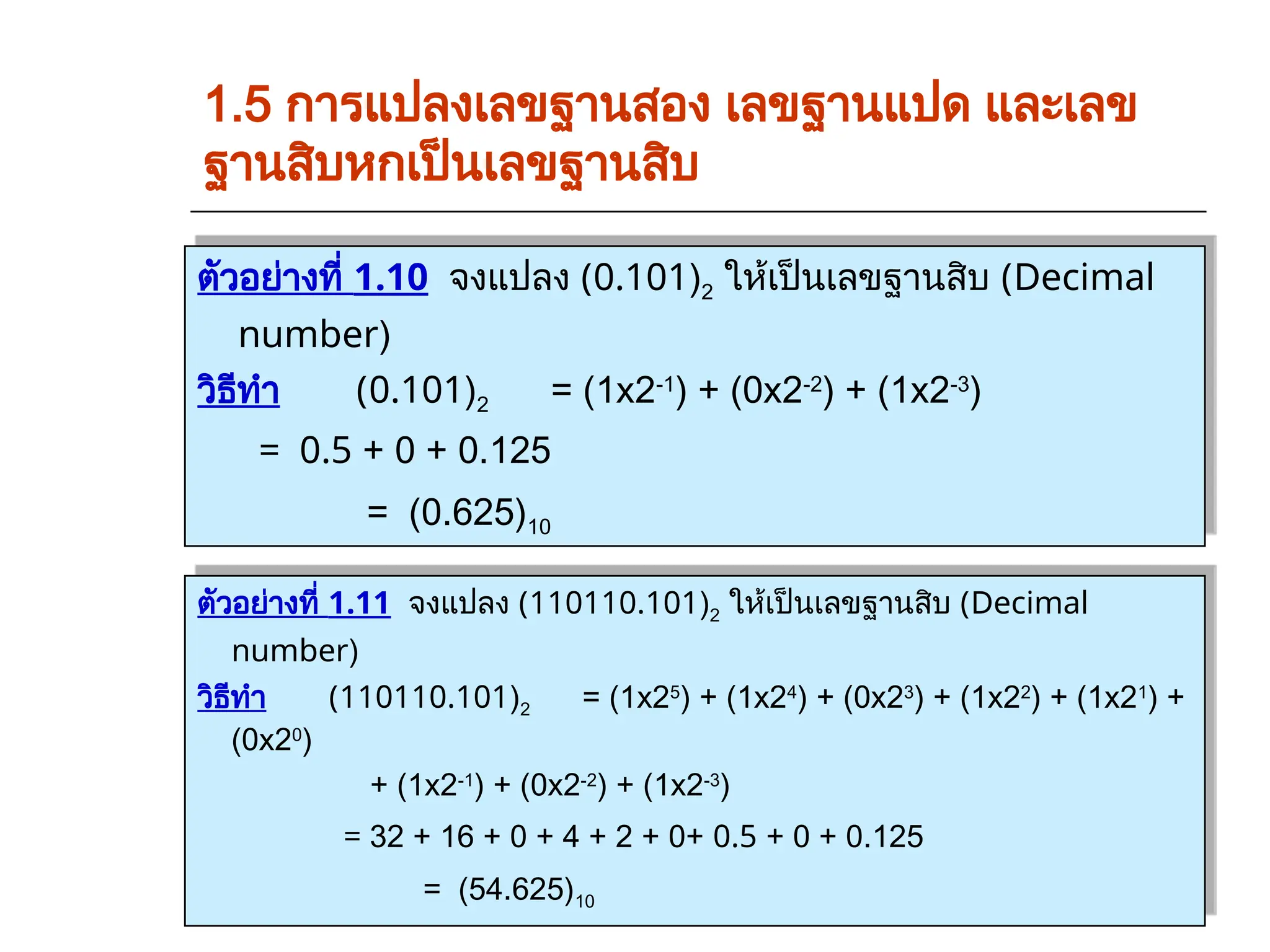 ตัวอย่างที่ 1.10 จงแปลง (0.101)2 ให้เป็นเลขฐานสิบ (Decimal
number)
วิธีทำ (0.101)2 = (1x2-1
) + (0x2-2
) + (1x2-3
)
= 0.5 + 0 + 0.125
= (0.625)10
1.5 การแปลงเลขฐานสอง เลขฐานแปด และเลข
ฐานสิบหกเป็นเลขฐานสิบ
ตัวอย่างที่ 1.11 จงแปลง (110110.101)2 ให้เป็นเลขฐานสิบ (Decimal
number)
วิธีทำ (110110.101)2 = (1x25
) + (1x24
) + (0x23
) + (1x22
) + (1x21
) +
(0x20
)
+ (1x2-1
) + (0x2-2
) + (1x2-3
)
= 32 + 16 + 0 + 4 + 2 + 0+ 0.5 + 0 + 0.125
= (54.625)10
 
