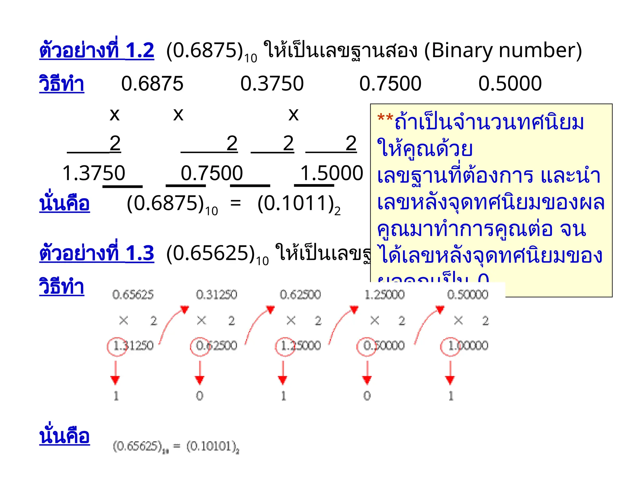 ตัวอย่างที่ 1.2 (0.6875)10 ให้เป็นเลขฐานสอง (Binary number)
วิธีทำ 0.6875 0.3750 0.7500 0.5000
x x x x
2 2 2 2
1.3750 0.7500 1.5000 1.0000
นั่นคือ (0.6875)10 = (0.1011)2
ตัวอย่างที่ 1.3 (0.65625)10 ให้เป็นเลขฐานสอง (Binary number)
วิธีทำ
นั่นคือ
**ถ้าเป็นจำนวนทศนิยม
ให้คูณด้วย
เลขฐานที่ต้องการ และนำ
เลขหลังจุดทศนิยมของผล
คูณมาทำการคูณต่อ จน
ได้เลขหลังจุดทศนิยมของ
ผลคูณเป็น 0
 