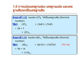 1.5 การแปลงเลขฐานสอง เลขฐานแปด และเลข
ฐานสิบหกเป็นเลขฐานสิบ
ตัวอย่างที่ 1.12 จงแปลง (37)8 ให้เป็นเลขฐานสิบ (Decimal
number)
วิธีทำ (37)8 = (3x81
) + (7x80
)
= 24 + 7
= (31)10
ตัวอย่างที่ 1.13 จงแปลง (6E)16 ให้เป็นเลขฐานสิบ (Decimal
number)
วิธีทำ (6E)16 = (6x161
) + (14x160
) (*E=14)
= 96 + 14
= (110)10
 