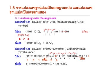 1.6 การแปลงเลขฐานสองเป็นเลขฐานแปด และแปลงเลข
ฐานแปดเป็นเลขฐานสอง
การแปลงเลขฐานสอง เป็นเลขฐานแปด
ตัวอย่างที่ 1.14 จงแปลง (110111010)2 ให้เป็นเลขฐานแปด (Octal
number)
วิธีทำ (110111010)2 = 110 111 010 (เทียบ
ตาราง 1.2)
6 7 2
นั่นคือ (110111010)2 = (672)8
ตัวอย่างที่ 1.15 จงแปลง (11101001000.01011)2 ให้เป็นเลขฐานแปด
(Octal number)
วิธีทำ (11101001000.01011)2 = 0 11 101 001 000 . 010 11 0
3 5 1 0 . 2 6
นั่นคือ (11101001000.01011)2 = (3510.26)8
เพิ่ม
เพิ่ม
 
