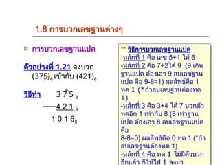 การบวกเลขฐานแปด
ตัวอย่างที่ 1.21 จงบวก
(375)8 เข้ากับ (421)8
วิธีทำ 3 7 5 8
4 2 1 8
1 0 1 68
1.8 การบวกเลขฐานต่างๆ
** วิธีการบวกเลขฐานแปด
-หลักที่ 1 คือ เลข 5+1 ได้ 6
-หลักที่ 2 คือ 7+2ได้ 9 (9 เกิน
ฐานแปด ต้องเอา 9 ลบเลขฐาน
แปด คือ 9-8=1) ผลลัพธ์คือ 1
ทด 1 (*ถ้าลบเลขฐานต้องทด
1)
-หลักที่ 3 คือ 3+4 ได้ 7 บวกตัว
ทดอีก 1 เท่ากับ 8 (8 เท่าฐาน
แปด ต้องเอา 8 ลบเลขฐานแปด
คือ
8-8=0) ผลลัพธ์คือ 0 ทด 1 (*ถ้า
ลบเลขฐานต้องทด 1)
-หลักที่ 4 คือ ทด 1 ไม่มีตัวบวก
อีกแล้ว ก็ให้ใส่ 1 ลงมา
+
1
1
 