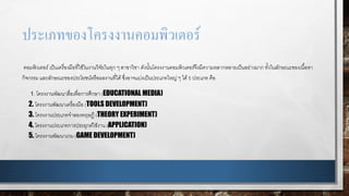 ประเภทของโครงงานคอมพิวเตอร์
คอมพิวเตอร์เป็นเครื่องมือที่ใช้ในงานวิจัยในทุก ๆ สาขาวิชา ดังนั้นโครงงานคอมพิวเตอร์จึงมีความหลากหลายเป็นอย่างมาก ทั้งในลักษณะของเนื้อหา
กิจกรรม และลักษณะของประโยชน์หรือผลงานที่ได้ซึ่งอาจแบ่งเป็นประเภทใหญ่ ๆ ได้ 5 ประเภท คือ
1. โครงงานพัฒนาสื่อเพื่อการศึกษา (EDUCATIONAL MEDIA)
2. โครงงานพัฒนาเครื่องมือ (TOOLS DEVELOPMENT)
3. โครงงานประเภทจาลองทฤษฎี (THEORY EXPERIMENT)
4. โครงงานประเภทการประยุกต์ใช้งาน (APPLICATION)
5. โครงงานพัฒนาเกม (GAME DEVELOPMENT)
 