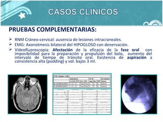 PRUEBAS COMPLEMENTARIAS:
 RNM Cráneo-cervical: ausencia de lesiones intracraneales.
 EMG: Axonotmesis bilateral del HIPOGLOSO con denervación.
 Videofluoroscopia: Afectación de la eficacia de la fase oral con
imposibilidad para la preparación y propulsión del bolo, aumento del
intervalo de tiempo de tránsito oral. Existencia de aspiración a
consistencia alta (pudding) y vol. bajos 3 ml.
 