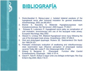 1. Rubio-Nazábal E, Marey-Lopez J. Isolated bilateral paralysis of the
hypoglossal nerve after transoral intubation for general anesthesia.
Anesthesiology, 2002 Jan;96:245-7.
2. Bramer S, Koscielny S. Bilaterale Hypoglossusparese nach
Intubationsnarkose. Der Nervenarzt .2005 August. 77:204-7.
3. Dziewas R, Ludemann P. Hypoglossal nerve palsy as complication of
oral intubation, bronchoscopy and use of the laryngeal mask airway.
European Neurology; May 2002.
4. Stewart A, Lindsay WA. Bilateral Hypoglossal nerve injury following the
use of the laryngeal mask airway. Anaesthesia, 2002, 57:264-5.
5. Oral and pharyngeal dysphagia. Rubens SE. Gastroenterol Clin North
Am 1995;24:331.
6. Fibreoptic endoscopic evaluation of swallowing and videofluoroscopy:
does examination type influence perception of pharyngeal residue
severity? Kelly AM, Leslie P. Clin Otolaryngol 2006; 31:425.
7. Ekberg O, Bergqvist D. Pharyngeal Function After Carotid
Endarterectomy. Dysphagia , 1989; 4:151-4.
8. Clavé P, Teré R. Actitud a seguir ante una disfagia orofaríngea. Rev Esp
Enferm Dig 2004; 96(2):119-31.
 