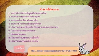 ตัวอย่างชื่อโครงงาน
1. ระบบบริหารจัดการข้อมูลผู้เรียนของโรงเรียน
2. ระบบจัดการข้อมูลการเงินส่วนบุคคล
3. ระบบจองตั๋วรถไฟบนอินเทอร์เน็ต
4. ระบบแนะนาเส้นทางเดินรถประจาทาง
5. โปรแกรมสังเคราะห์เสียงสาหรับคนตาบอดบนรถประจาทาง
6. โปรแกรมออกและตรวจข้อสอบ
7. โฮมเพจส่วนบุคคล
8. โปรแกรมช่วยปฐมพยาบาลเบื้องต้น
9. โปรแกรมพจนานุกรมไทย-อังกฤษ
http://sendai-wirada.blogspot.com/2012/08/7.html
 