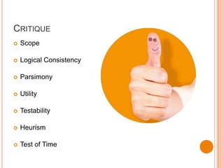 CritiqueScopeLogical ConsistencyParsimonyUtilityTestabilityHeurismTest of Time