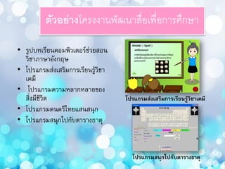 ตัวอย่างโครงงานพัฒนาสื่อเพื่อการศึกษา
• รูปบทเรียนคอมพิวเตอร์ช่วยสอน
วิชำภำษำอังกฤษ
• โปรแกรมส่งเสริมกำรเรียนรู้วิชำ
เคมี
• โปรแกรมควำมหลำกหลำยของ
สิ่งมีชีวิต
• โปรแกรมดนตรีไทยแสนสนุก
• โปรแกรมสนุกไปกับตำรำงธำตุ
โปรแกรมส่งเสริมการเรียนรู้วิชาเคมี
โปรแกรมสนุกไปกับตารางธาตุ
 