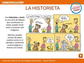 Una historieta o cómic
es una serie de dibujos
que constituyen un
relato, pueden tener
texto o contener solo
imágenes.
Además, pueden
constar de pocos
cuadros como en el
ejemplo o conformar
muchas páginas y
formar una revista.
LA HISTORIETA
 