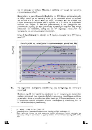 για την επίτευξη των στόχων. Μάλιστα, η απόδοση όσον αφορά την ικανότητα
             ανάγνωσης επιδεινώθηκε2.

             Ως εκ τούτου, το εαρινό Ευρωπαϊκό Συµβούλιο του 2008 ζήτησε από τα κράτη µέλη
             να λάβουν επειγόντως συγκεκριµένα µέτρα για την ουσιαστική µείωση του αριθµού
             των ατόµων που δεν έχουν ικανότητα ορθής ανάγνωσης και του αριθµού των
             ατόµων που αποχωρούν πρόωρα από το σχολείο, για τη βελτίωση του µορφωτικού
             επιπέδου των ατόµων µε παρελθόν µετανάστευσης ή που προέρχονται από
             µειονεκτούσες οµάδες, για την προσέλκυση περισσότερων ενηλίκων στη συνεχή
             εκπαίδευση και κατάρτιση, καθώς και για την περαιτέρω διευκόλυνση της
             γεωγραφικής και επαγγελµατικής κινητικότητας3.

             Σχήµα 1: Πρόοδος προς την επίτευξη των 5 σηµείων αναφοράς για το 2010 (µέσος
             όρος ΕΕ)4




     2.2.    Τα ευρωπαϊκά συστήµατα εκπαίδευσης και κατάρτισης σε παγκόσµια
             προοπτική

             Η επίδοση της ΕΕ όσον αφορά την εκπαίδευση και την κατάρτιση, εάν εξεταστεί σε
             ευρύτερη προοπτική, είναι σε µεγάλο βαθµό συγκρίσιµη µε τις καλύτερες αποδόσεις
             παγκοσµίως. Αλλά, οι συγκρίσεις µε άλλες χώρες του ΟΟΣΑ αποκαλύπτουν για την
             ΕΕ σηµαντικά στοιχεία υστέρησης, τόσο σε επίπεδο βασικής εκπαίδευσης όσο και
             σε επίπεδο τριτοβάθµιας εκπαίδευσης.


     2
            ΕΕ C 86 της 5.4.2008, σ. 1· SEC(2008) 2293.
     3
            Συµπεράσµατα του Ευρωπαϊκού Συµβουλίου του Μαρτίου του 2008, παράγραφος 15.
     4
            Πλέον πρόσφατα στοιχεία για τους αποφοίτους σχολών µαθηµατικών, θετικών επιστηµών και
            τεχνολογίας, καθώς και για τα άτοµα µε χαµηλές επιδόσεις στην ικανότητα ανάγνωσης: 2006. Άλλα:
            2007.



EL                                                    4                                                      EL
 