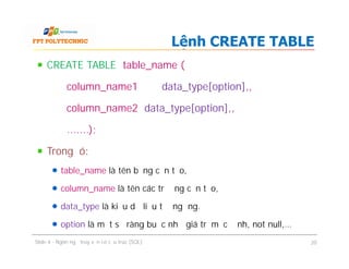 CREATE TABLE table_name (
column_name1 data_type[option],,
column_name2 data_type[option],,
.......);
Trongđó:
table_name là tên bảng cần tạo,
column_name là tên các trường cần tạo,
data_type là kiểu dữ liệu tươngứng.
option là một số ràng buộc như giá trị mặc định, not null,…
Lệnh CREATE TABLE
CREATE TABLE table_name (
column_name1 data_type[option],,
column_name2 data_type[option],,
.......);
Trongđó:
table_name là tên bảng cần tạo,
column_name là tên các trường cần tạo,
data_type là kiểu dữ liệu tươngứng.
option là một số ràng buộc như giá trị mặc định, not null,…
Slide 4 - Ngôn ngữ truy vấn có cấu trúc (SQL) 20
 