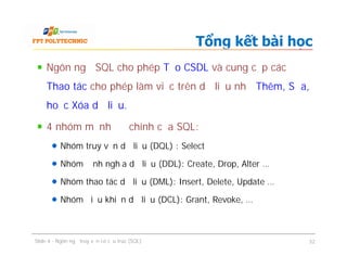 Ngôn ngữ SQL cho phép Tạo CSDL và cung cấp các
Thao tác cho phép làm việc trên dữ liệu như Thêm, Sửa,
hoặc Xóa dữ liệu.
4 nhóm mệnh đề chính của SQL:
Nhóm truy vấn dữ liệu (DQL) : Select
Nhóm định nghĩa dữ liệu (DDL): Create, Drop, Alter …
Nhóm thao tác dữ liệu (DML): Insert, Delete, Update …
Nhóm điều khiển dữ liệu (DCL): Grant, Revoke, …
Tổng kết bài học
Ngôn ngữ SQL cho phép Tạo CSDL và cung cấp các
Thao tác cho phép làm việc trên dữ liệu như Thêm, Sửa,
hoặc Xóa dữ liệu.
4 nhóm mệnh đề chính của SQL:
Nhóm truy vấn dữ liệu (DQL) : Select
Nhóm định nghĩa dữ liệu (DDL): Create, Drop, Alter …
Nhóm thao tác dữ liệu (DML): Insert, Delete, Update …
Nhóm điều khiển dữ liệu (DCL): Grant, Revoke, …
Slide 4 - Ngôn ngữ truy vấn có cấu trúc (SQL) 32
 