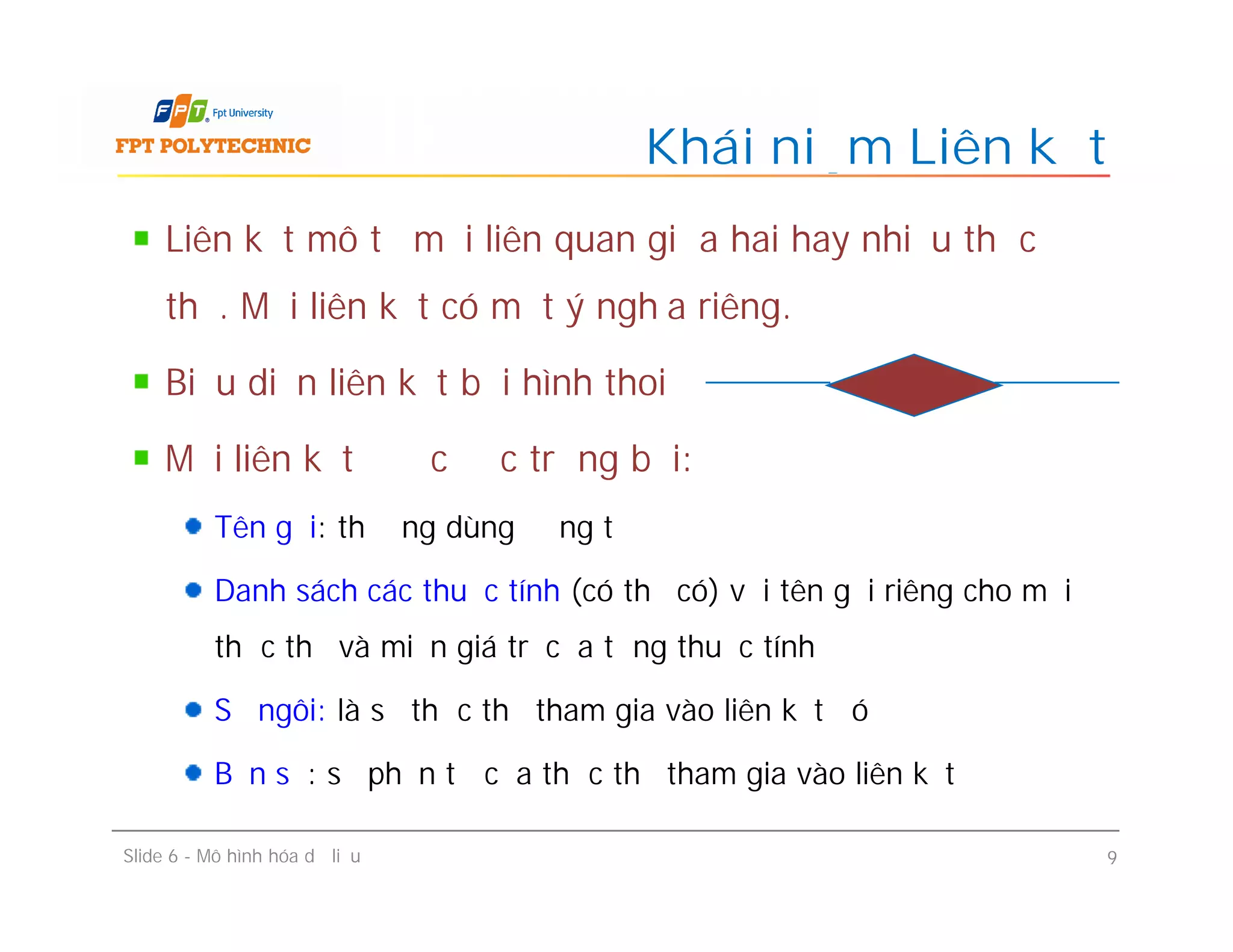 Liên kết mô tả mối liên quan giữa hai hay nhiều thực
thể. Mỗi liên kết có một ý nghĩa riêng.
Biểu diễn liên kết bởi hình thoi
Mỗi liên kết được đặc trưng bởi:
Tên gọi: thường dùng động từ
Danh sách các thuộc tính (có thể có) với tên gọi riêng cho mỗi
thực thể và miền giá trị của từng thuộc tính
Số ngôi: là số thực thể tham gia vào liên kết đó
Bản số: số phần tử của thực thể tham gia vào liên kết
Khái niệm Liên kết
Liên kết mô tả mối liên quan giữa hai hay nhiều thực
thể. Mỗi liên kết có một ý nghĩa riêng.
Biểu diễn liên kết bởi hình thoi
Mỗi liên kết được đặc trưng bởi:
Tên gọi: thường dùng động từ
Danh sách các thuộc tính (có thể có) với tên gọi riêng cho mỗi
thực thể và miền giá trị của từng thuộc tính
Số ngôi: là số thực thể tham gia vào liên kết đó
Bản số: số phần tử của thực thể tham gia vào liên kết
Slide 6 - Mô hình hóa dữ liệu 9
 