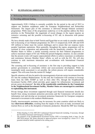 9.      EU FINANCIAL ASSISTANCE

     • Refocusing bilateral programmes of the European Neighbourhood Partnership Instrument
     • Providing additional funding

     Approximately EUR 4 billion is currently available for the period to the end of 2013 to
     support our Southern neighbours under the European Neighbourhood and Partnership
     Instrument. The largest part of this assistance is delivered through bilateral assistance
     programmes. While many of the programmes underway or in the pipeline address the three
     priorities in the 'Partnership', the magnitude of recent changes in the region requires an
     extensive screening and the possible re-focussing of EU aid, in discussion with partner
     countries.
     We have already made clear to both Tunisia and Egypt that we are ready to consider carefully
     full re-focussing of our bilateral programmes for 2011-13 (respectively EUR 240 and EUR
     445 million) to better meet the current challenges and to ensure that our response meets
     peoples' legitimate aspirations. More generally, throughout the region, programmes will be
     screened in close cooperation and partnership with the beneficiary countries. We call on
     Member States to follow a similar screening exercise for their bilateral programmes to
     achieve maximum impact of EU aid. Within the present budgetary situation, we also consider
     that the present events will require unprecedented efforts to achieve maximum co-ordination
     and consistency between Member States’ efforts, as well as with the EU. We will also
     continue to seek maximum interaction and co-ordination with International Financial
     Institutions.
     The screening and re-focussing of assistance is the first step in providing support to help
     partner governments to consolidate reform and socio-economic development. While no
     meaningful needs assessment is yet possible, the reform process will require considerable
     support. This will come from the current EU budget1.
     Specific attention will also be paid to the encouragement of private sector investment from the
     EU into the southern Mediterranean. To this end, the Commission will continue to leverage
     loans from the EIB's FEMIP as well as from other IFIs, through the Neighbourhood
     Investment Facility (NIF) which provides grant support for infrastructure investment and
     private sector development2. In view of the considerable contribution by the Commission
     to the Neighbourhood Investment Facility, Member States are encouraged to contribute
     to replenishing this instrument.
     Private foreign direct investment supported through such financial instruments should also
     benefit from strong investment protection provisions and the Commission will provide an
     information tool and develop an investment protection framework for European companies
     interested in investment in the southern Mediterranean.
     Finally, macroeconomic assistance may be necessary for some countries which are likely to
     face short-term difficulties, resulting from the impact of the crisis on trade, investment and
     tourism flows as well as the disruption of domestic production. Should the IMF have lending


     1
            Within Heading 4 of the 2007-2013 multiannual financial framework including, if necessary, through
            the Flexibility Instrument and Emergency Aid Reserve.
     2
            The potential of the Neigbhourhood Investment Facility (NIF) in leveraging funds is huge. For the
            2007-2010 period, NIF grants allocated to approved projects were leveraged by a factor of 17. This
            potential should be further exploited in the coming years.



EN                                                     12                                                        EN
 