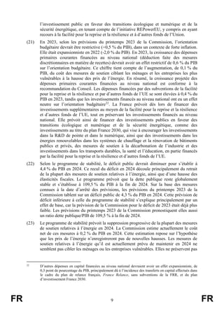 FR 9 FR
l’investissement public en faveur des transitions écologique et numérique et de la
sécurité énergétique, en tenant compte de l’initiative REPowerEU, y compris en ayant
recours à la facilité pour la reprise et la résilience et à d’autres fonds de l’Union.
(21) En 2023, selon les prévisions du printemps 2023 de la Commission, l’orientation
budgétaire devrait être restrictive (+0,5 % du PIB), dans un contexte de forte inflation.
Elle était expansionniste en 2022 (-2,0 % du PIB). En 2023, la croissance des dépenses
primaires courantes financées au niveau national (déduction faite des mesures
discrétionnaires en matière de recettes) devrait avoir un effet restrictif de 0,6 % du PIB
sur l’orientation budgétaire. Ce chiffre tient compte de l’augmentation, de 0,1 % du
PIB, du coût des mesures de soutien ciblant les ménages et les entreprises les plus
vulnérables à la hausse des prix de l’énergie. En résumé, la croissance projetée des
dépenses primaires courantes financées au niveau national est conforme à la
recommandation du Conseil. Les dépenses financées par des subventions de la facilité
pour la reprise et la résilience et par d’autres fonds de l’UE se sont élevées à 0,4 % du
PIB en 2023, tandis que les investissements financés au niveau national ont eu un effet
neutre sur l’orientation budgétaire22
. La France prévoit dès lors de financer des
investissements supplémentaires au moyen de la facilité pour la reprise et la résilience
et d’autres fonds de l’UE, tout en préservant les investissements financés au niveau
national. Elle prévoit ainsi de financer des investissements publics en faveur des
transitions écologique et numérique et de la sécurité énergétique, comme des
investissements au titre du plan France 2030, qui vise à encourager les investissements
dans la R&D de pointe et dans le numérique, ainsi que des investissements dans les
énergies renouvelables dans les systèmes de chauffage et la rénovation de bâtiments
publics et privés, des mesures de soutien à la décarbonation de l’industrie et des
investissements dans les transports durables, la santé et l’éducation, en partie financés
par la facilité pour la reprise et la résilience et d’autres fonds de l’UE.
(22) Selon le programme de stabilité, le déficit public devrait diminuer pour s’établir à
4,4 % du PIB en 2024. Ce recul du déficit en 2024 découle principalement du retrait
de la plupart des mesures de soutien relatives à l’énergie, ainsi que d’une hausse des
élasticités fiscales. Le programme prévoit que la dette publique reste globalement
stable et s’établisse à 109,5 % du PIB à la fin de 2024. Sur la base des mesures
connues à la date d’arrêté des prévisions, les prévisions du printemps 2023 de la
Commission tablent sur un déficit public de 4,3 % du PIB en 2024. Cette prévision de
déficit inférieure à celle du programme de stabilité s’explique principalement par un
effet de base, car la prévision de la Commission pour le déficit de 2023 était déjà plus
faible. Les prévisions du printemps 2023 de la Commission pronostiquent elles aussi
un ratio dette publique/PIB de 109,5 % à la fin de 2024.
(23) Le programme de stabilité prévoit la suppression progressive de la plupart des mesures
de soutien relatives à l’énergie en 2024. La Commission estime actuellement le coût
net de ces mesures à 0,2 % du PIB en 2024. Cette estimation repose sur l’hypothèse
que les prix de l’énergie n’enregistreront pas de nouvelles hausses. Les mesures de
soutien relatives à l’énergie qu’il est actuellement prévu de maintenir en 2024 ne
semblent pas cibler les ménages ou les entreprises vulnérables. Elles ne préservent pas
22
D’autres dépenses en capital financées au niveau national devraient avoir un effet expansionniste, de
0,3 point de pourcentage du PIB, principalement dû à l’incidence des transferts en capital effectués dans
le cadre du plan de relance français, France Relance, sans subventions de la FRR, et du plan
d’investissement France 2030.
 
