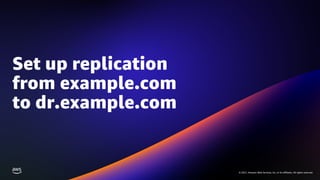 © 2021, Amazon Web Services, Inc. or its affiliates. All rights reserved.
© 2021, Amazon Web Services, Inc. or its affiliates. All rights reserved.
Set up replication
from example.com
to dr.example.com
 