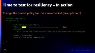 © 2021, Amazon Web Services, Inc. or its affiliates. All rights reserved.
Time to test for resiliency – In action
Change the bucket policy for the source bucket (example.com)
{
"Version": "2012-10-17",
"Statement": [
{
"Sid": "CloudFrontReadGetObject",
"Effect": ”Allow",
"Principal": {
"AWS": "arn:aws:iam::cloudfront:user/CloudFront Origin Access Identity XXXXXXXXXXXX"
},
"Action": "s3:GetObject",
"Resource": "arn:aws:s3:::example.com/*"
}
]
}
Deny
 