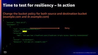 © 2021, Amazon Web Services, Inc. or its affiliates. All rights reserved.
Time to test for resiliency – In action
Change the bucket policy for both source and destination bucket
(example.com and dr.example.com)
{
"Version": "2012-10-17",
"Statement": [
{
"Sid": "CloudFrontReadGetObject",
"Effect": ”Allow",
"Principal": {
"AWS": "arn:aws:iam::cloudfront:user/CloudFront Origin Access Identity XXXXXXXXXXXX"
},
"Action": "s3:GetObject",
"Resource": "arn:aws:s3:::example.com/*"
}
]
}
Deny
 