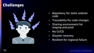 © 2021, Amazon Web Services, Inc. or its affiliates. All rights reserved.
Challenges
• Repository for static website
code
• Traceability for code changes
• Sharing environment for
staging and prod
• No CI/CD
• Disaster recovery
• Resilient for regional failure
 