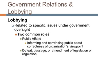 Government Relations &
Lobbying
Lobbying
 Related to specific issues under government
oversight
Two common roles
 Public Affairs
 Informing and convincing public about
correctness of organization’s viewpoint
 Defeat, passage, or amendment of legislation or
regulation
 