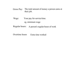 Gross Pay:  The total amount of money a person earns at 
            their job.


Wage:       Your pay for service/time. 
            eg. minimum wage

Regular hours:   A person's regular hours of work


Overtime hours     Extra time worked
 
