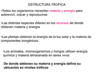 ESTRUCTURA TROFICA
•Todos los organismos necesitan materia y energía para
sobrevivir, crecer y reproducirse
•Las distintas especies difieren en los recursos de donde
obtienen materia y energía
•Las plantas obtienen la energía de la luz solar y la materia de
componentes inorgánicos
•Los animales, microorganismos y hongos utilizan energía
química y materia almacenada en seres vivos
De donde obtienen su materia y energía define su
ubicación en niveles tróficos
 