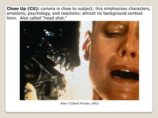 Close Up (CU): camera is close to subject; this emphasizes characters,
emotions, psychology, and reactions; almost no background context
here. Also called “head shot.”




                          Alien 3 (David Fincher, 1992)
 