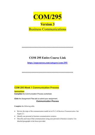 COM/295
Version 3
Business Communications
**********************************************
COM 295 Entire Course Link
https://uopcourses.com/category/com-295/
**********************************************
COM 295 Week 1 Communication Process
Instructions
Complete the Communication Process worksheet.
Click the Assignment Files tab to submit your assignment.
Communication Process
Complete the following table.
 Review the steps of the communication model on in Ch. 2 of Business Communication. See
Figure 2.1.
 Identify one personal or business communication scenario.
 Describe each step of that communication using your personal or business scenario. Use
detailed paragraphs in the boxes provided.
 