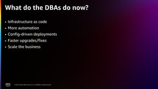 © 2022, Amazon Web Services, Inc. or its affiliates. All rights reserved.
CDL - EXTERNAL
What do the DBAs do now?
• Infras...