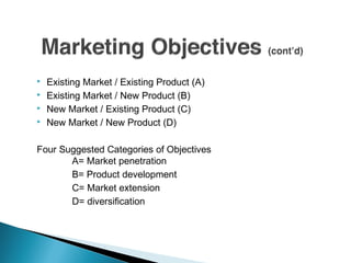  Existing Market / Existing Product (A)
 Existing Market / New Product (B)
 New Market / Existing Product (C)
 New Market / New Product (D)
Four Suggested Categories of Objectives
A= Market penetration
B= Product development
C= Market extension
D= diversification
 