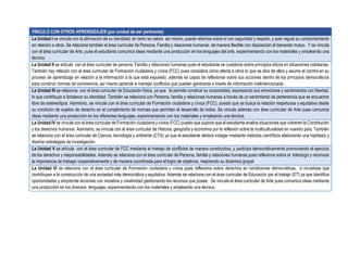 VÍNCULO CON OTROS APRENDIZAJES (por unidad de ser pertinente)
La Unidad I se vincula con la afirmación de su identidad, en tanto se valora así mismo, puede referirse sobre sí con seguridad y respeto, y auto regula su comportamiento
en relación a otros. Se relaciona también el área curricular de Persona, Familia y relaciones humanas de manera flexible con disposición al bienestar mutuo. Y se vincula
con el área curricular de Arte, pues el estudiante comunica ideas mediante una producción en los lenguajes del arte, experimentando con los materiales y empleando una
técnica.
La Unidad II se articula con el área curricular de persona, Familia y relaciones humanas pues el estudiante se cuestiona sobre principios éticos en situaciones cotidianas.
También hay relación con el área curricular de Formación ciudadana y cívica (FCC) pues considera cómo afecta a otros lo que se dice de ellos y asume el control en su
proceso de aprendizaje en relación a la información a la que está expuesto; además es capaz de reflexionar sobre sus acciones dentro de los principios democráticos
para construir normas de convivencia, así mismo aprende a manejar conflictos que pueden generarse a través de información malintencionada.
La Unidad III se relaciona con el área curricular de Educación física, ya que le permite construir su corporeidad, expresando sus emociones y sentimientos con libertad,
lo que contribuye a fortalecer su identidad. También se relaciona con Persona, familia y relaciones humanas a través de un sentimiento de pertenencia que se encuentre
libre de estereotipos. Asimismo, se vincula con el área curricular de Formación ciudadana y cívica (FCC), puesto que se busca la relación respetuosa y equitativa desde
su condición de sujetos de derecho en el cumplimiento de normas que permitan el desarrollo de todos. Se vincula además con área curricular de Arte pues comunica
ideas mediante una producción en los diferentes lenguajes, experimentando con los materiales y empleando una técnica.
La Unidad IV se vincula con el área curricular de Formación ciudadana y cívica (FCC) puesto que supone que el estudiante analice situaciones que vulneren la Constitución
y los derechos humanos. Asimismo, se vincula con el área curricular de Historia, geografía y economía por la reflexión sobre la multiculturalidad en nuestro país. También
se relaciona con el área curricular de Ciencia, tecnología y ambiente (CTA) ya que el estudiante deberá indagar mediante métodos científicos elaborando una hipótesis y
diseñar estrategias de investigación.
La Unidad V se articula con el área curricular de FCC mediante el manejo de conflictos de manera constructiva, y participa democráticamente promoviendo el ejercicio
de los derechos y responsabilidades. Además se relaciona con el área curricular de Persona, familia y relaciones humanas pues reflexiona sobre el liderazgo y reconoce
la importancia de trabajar cooperativamente y de manera coordinada para el logro de objetivos, mejorando su dinámica grupal.
La Unidad VI se relaciona con el área curricular de Formación ciudadana y cívica pues reflexiona sobre derechos en condiciones democráticas, e iniciativas que
contribuyen a la construcción de una sociedad más democrática y equitativa. Además se relaciona con el área curricular de Educación por el trabajo (ET) ya que identifica
oportunidades y emprende acciones con iniciativa y creatividad gestionando los recursos que posee. Se vincula el área curricular de Arte pues comunica ideas mediante
una producción en los diversos lenguajes, experimentando con los materiales y empleando una técnica.
 