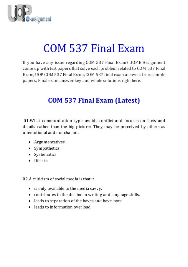COM 537 Final Exam COM 537 Final Exam Questions and Answers UOP E