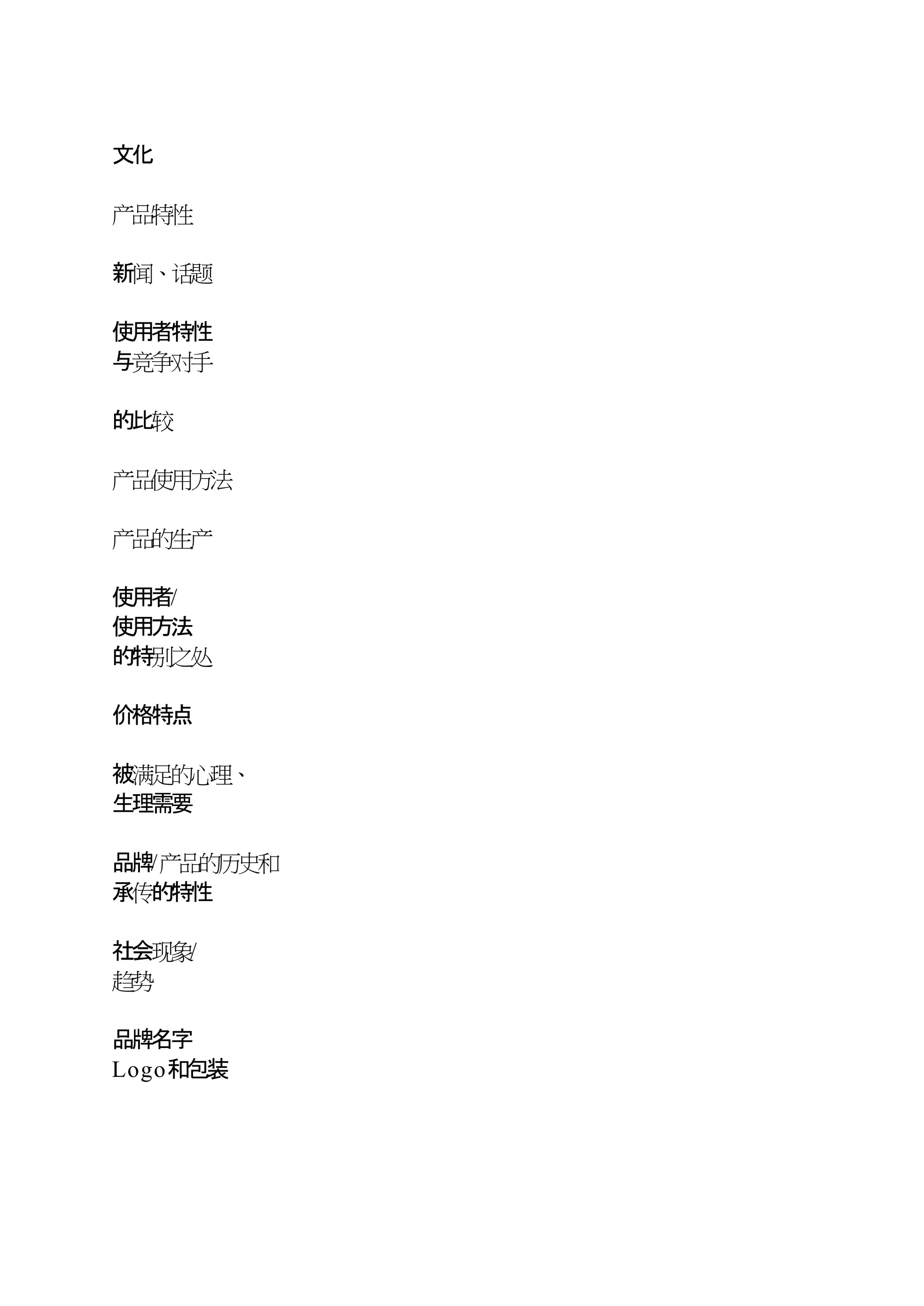 文化
产品特性
新闻、话题
使用者特性
与竞争对手
的比较
产品使用方法
产品的生产
使用者/
使用方法
的特别之处
价格特点
被满足的心理、
生理需要
品牌/产品的历史和
承传的特性
社会现象/
趋势
品牌名字
Logo和包装
 